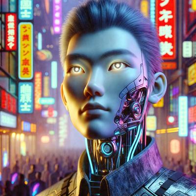 The primary subject of the image is a man with blue eyes, wearing a futuristic outfit and surrounded by a crowd of people. The setting is a cityscape with neon lights and signs, creating a vibrant and lively atmosphere. The visual style is a digital art or illustration, with the man's eyes glowing and the overall composition appearing to be a mix of realism and fantasy. The colors and mood are predominantly blue and purple, with a sense of mystery and intr